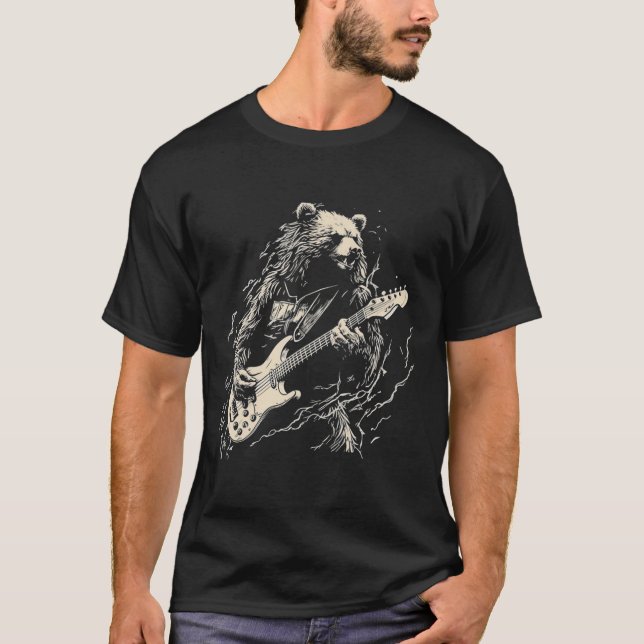 Camiseta Urso Retrorista Jogando Urso-De-Violão Guitarista  (Frente)