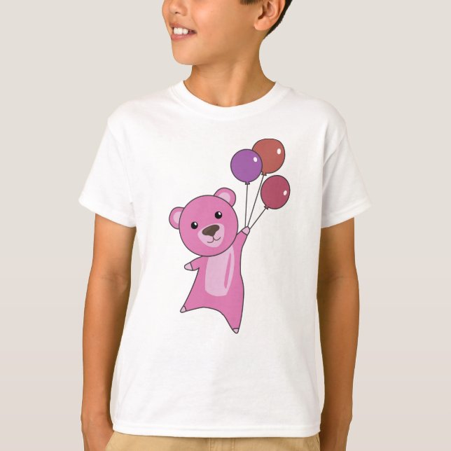 Camiseta Urso Rosa Voa Com Balões Ursos De Animais Curiosos (Frente)
