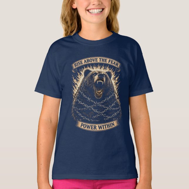 Camiseta Urso Rugindo — Erga-se Acima do Medo (Frente)