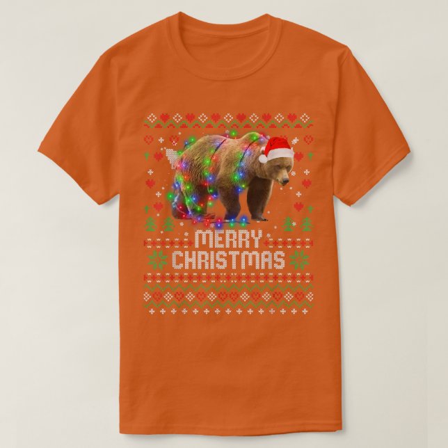 Camiseta Urso Santa Hat Árvore de Natal Animal Luzes Holida (Frente do Design)