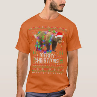 Camiseta Urso Santa Hat Árvore de Natal Animal Luzes Holida