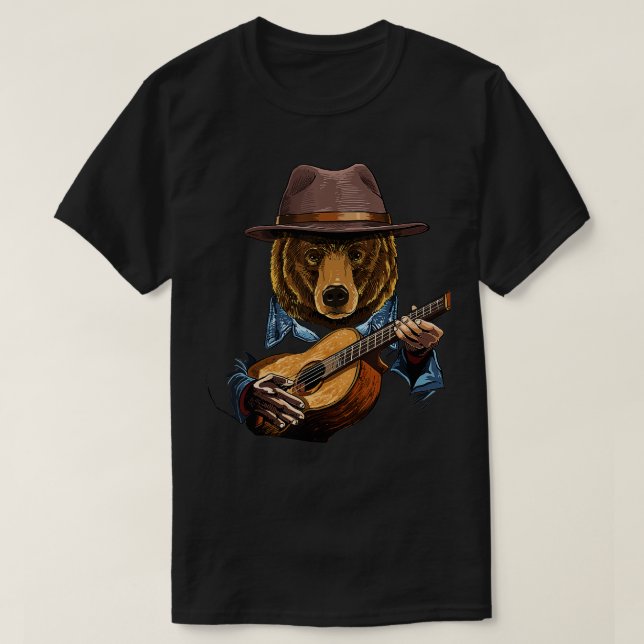 Camiseta Urso Tocando Violão Acústico Urso Animal Sobre Gui (Frente do Design)