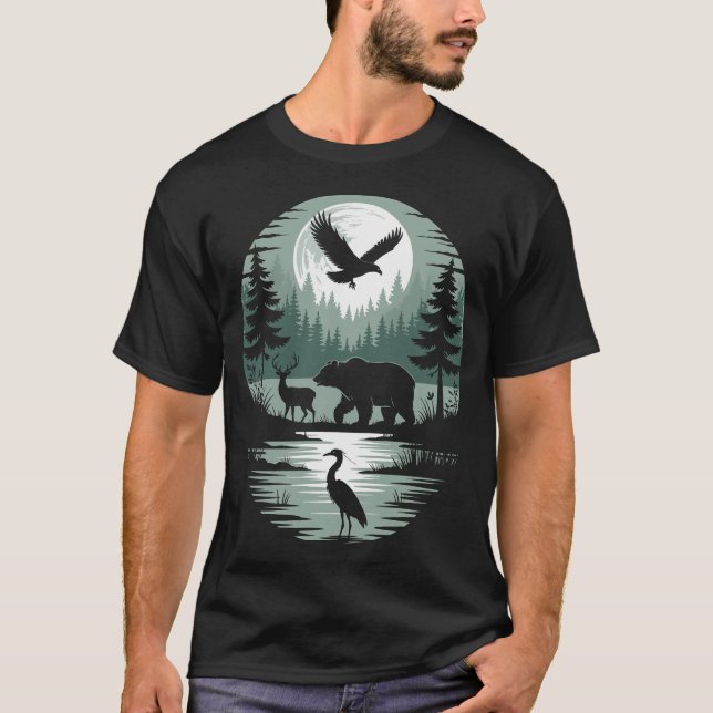 Camiseta Urso Veado Águia Lua Floresta Silhueta (Frente)