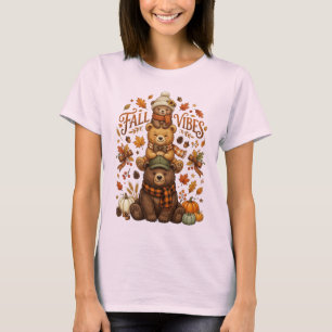 Camiseta Ursos Fofos de Outono Empilhados Vibrações Cottage