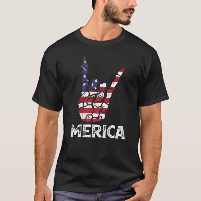 Camiseta US American Flag and Patriotic Skeleton Rock Sign  (Frente)