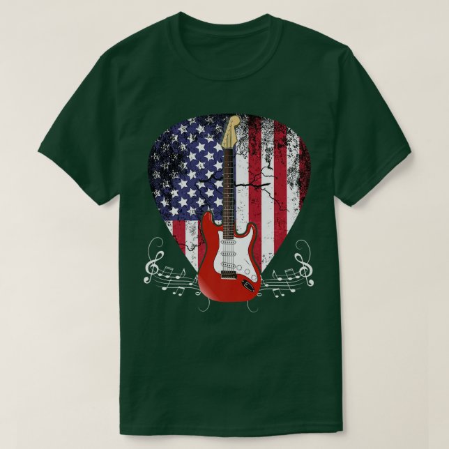 Camiseta US Flag Guitar Pick Guitarist Lover Instrument Ele (Frente do Design)