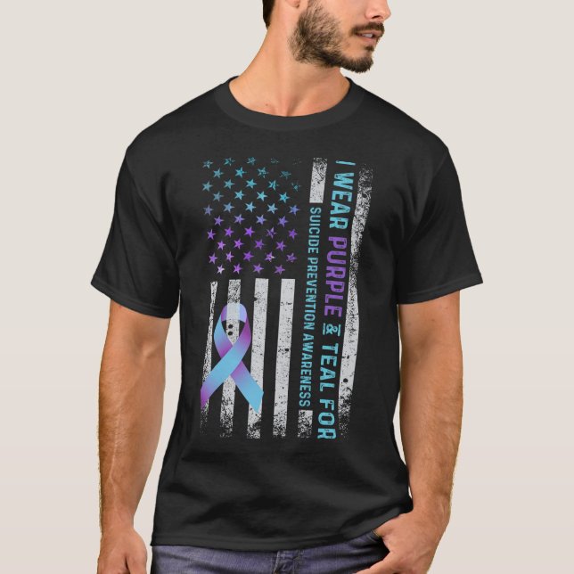 Camiseta Us Flag I Wear Purple And Teal Suicide Prevention  (Frente)