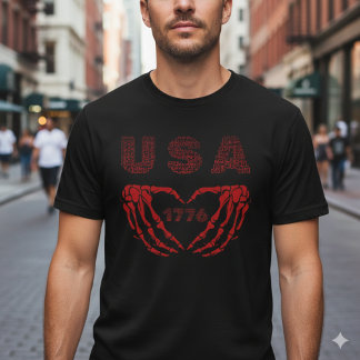Camiseta USA 1776 Coração Esqueleto Patriótico Mão