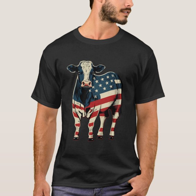 Camiseta Usa 4 De Julho Bovinos Sobre A Vaca Patriótica Ame (Frente)