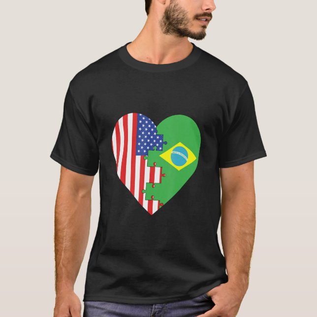 Camiseta USA and Brazil Flags Heart (Frente)