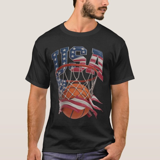 Camiseta USA Basketball Shirt, Patriotic American Flag Hoop (Frente)