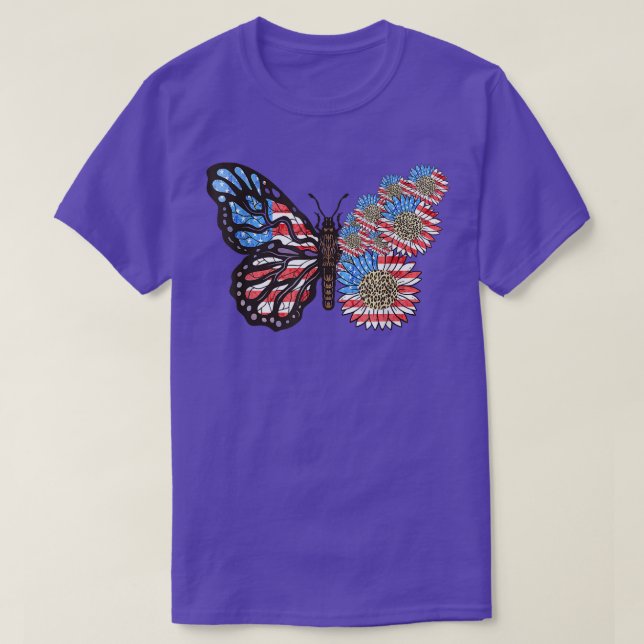 Camiseta USA Butterfly Sunflower Leopard 4 DE Julho America (Frente do Design)