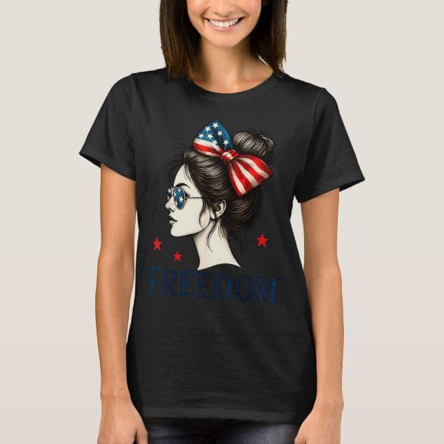 Camiseta Usa Flag Bow Messy Bun Girls Dom American Flag Pat (Frente)