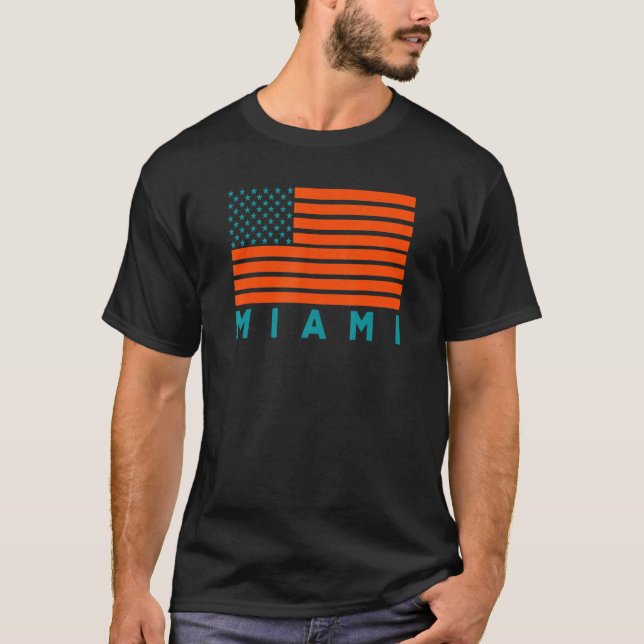 Camiseta USA Flag Miami OrangeTeal-GreenBlue Miami FL Ameri (Frente)