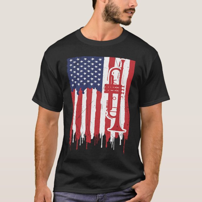 Camiseta USA Flag Thin Red Line Smooth Jazz Music Trumpet (Frente)