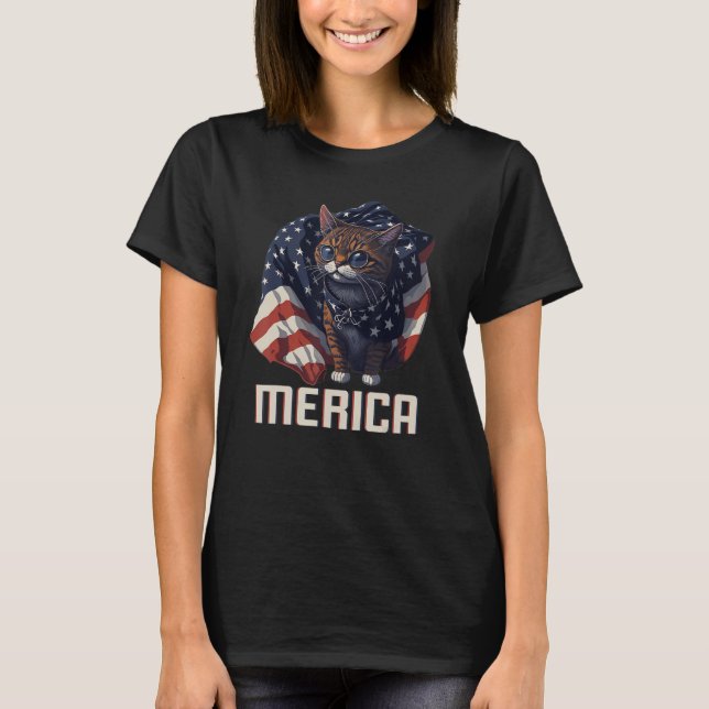 Camiseta USA Patriotic Cat 4th Of July American Flag Merica (Frente)