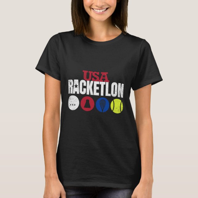 Camiseta Usa Racketlon - Mesa de Badminton Squash Tenn (Frente)