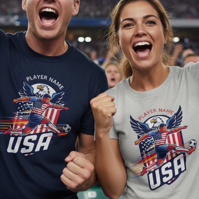 Camiseta USA Soccer Eagle Dynamic Patriotic Sports Graphic  (Use Personalized to change color/font.
Choose a color that matches the background color of shirt)