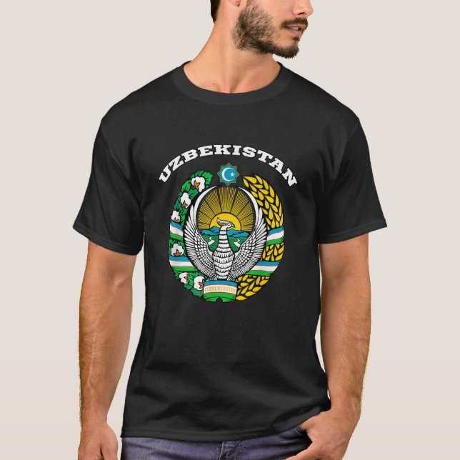 Camiseta Usbequistão Casaco de armas Tee Flag souvenir Uzbe (Frente)