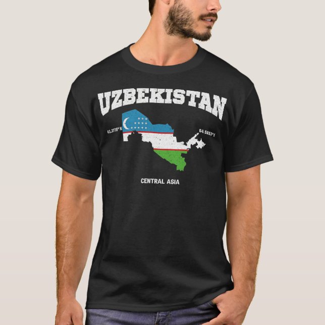 Camiseta Usbequistão Sinalizador E Mapa Usbequistão Coorden (Frente)