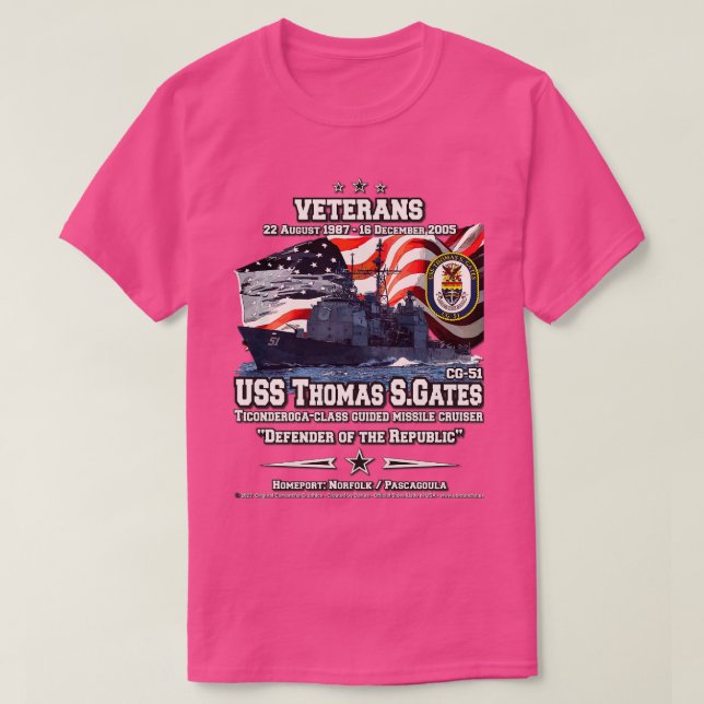 Camiseta USS Thomas S Gates CG51 Veteranos Cruiser dos EUA (Frente do Design)
