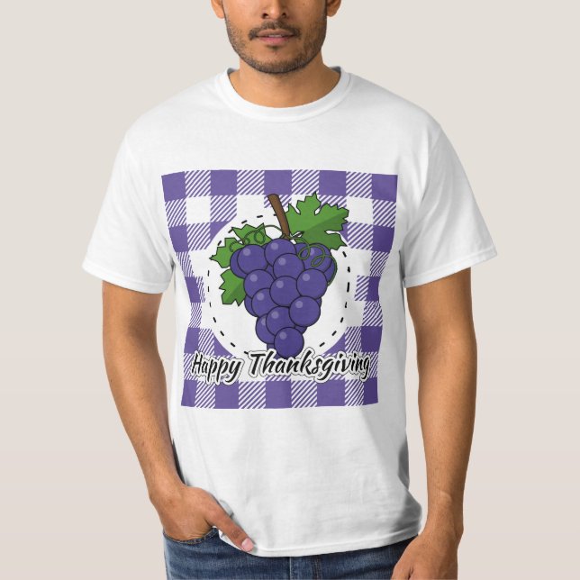 Camiseta Uva na Xadrez Violeta - Feliz Ação de Graças (Frente)