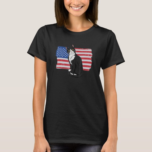 Camiseta Uxedo Cat American Flag 4H Of July Patriotic Uxedo (Frente)