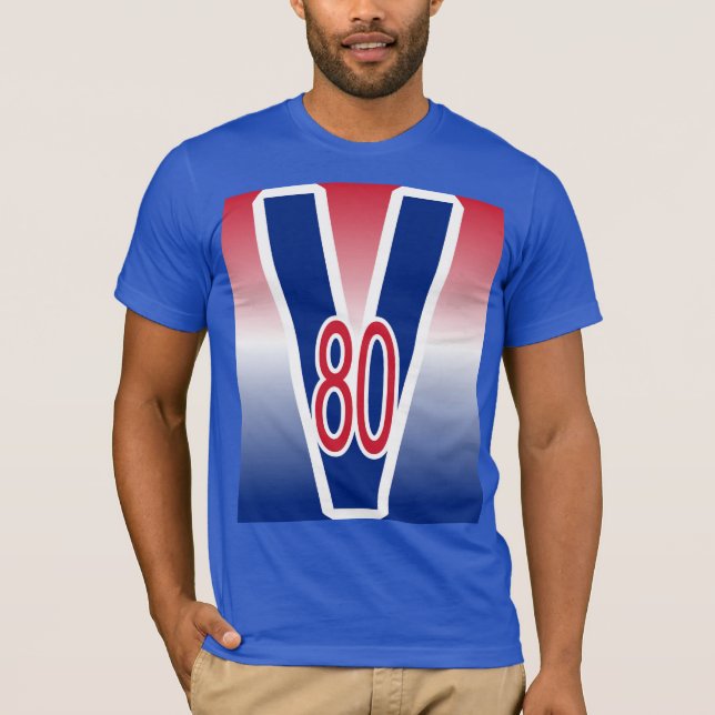 Camiseta V 80 com vitória de fundo azul-vermelho (Frente)