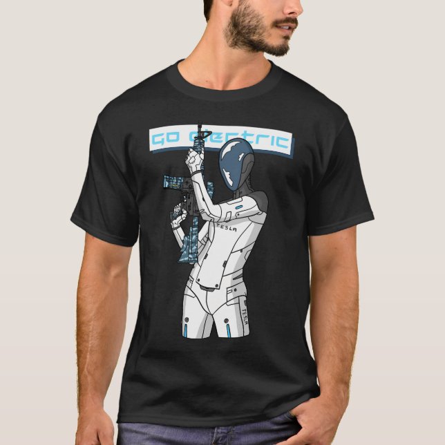 Camiseta Vá Elétrica, Robô Tesla. (Frente)