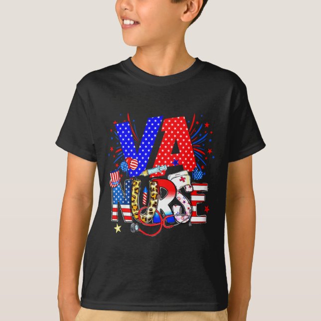Camiseta Va Nurse 4th Of July American Flag Stethoscope  (Frente)