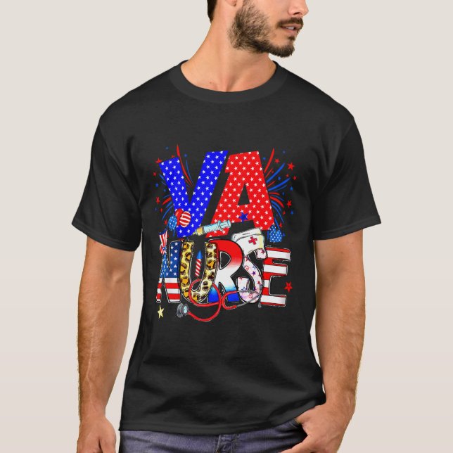 Camiseta Va Nurse 4th Of July American Flag Stethoscope  (Frente)