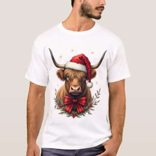 Camiseta Vaca Alta Escocesa de Natal Vintage com Chapéu de