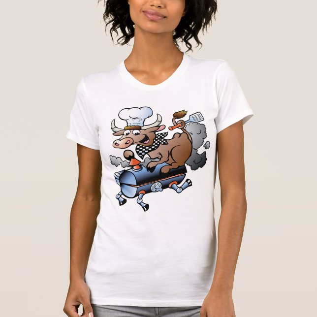 Camiseta Vaca Andando Um CHURRASCO Levanta T-Shirt (Frente)