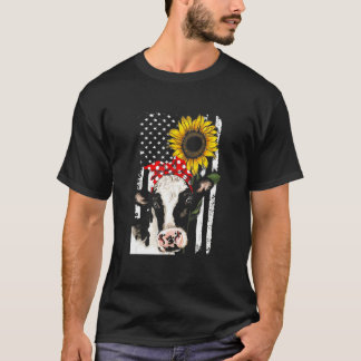 Camiseta Vaca Bandeira EUA Girassol Vaca Patriota Fazendeir