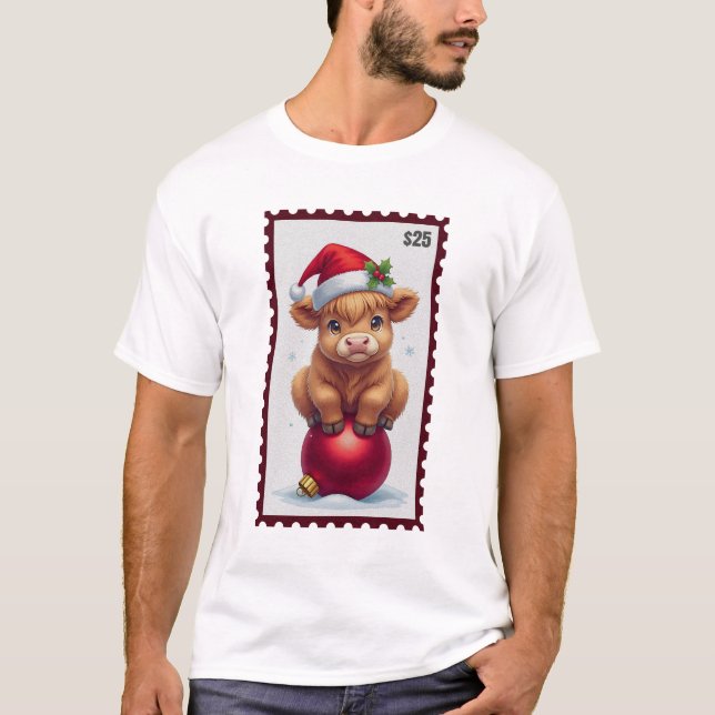 Camiseta Vaca-bebê de Natal bonita com Papai Noel sentado (Frente)