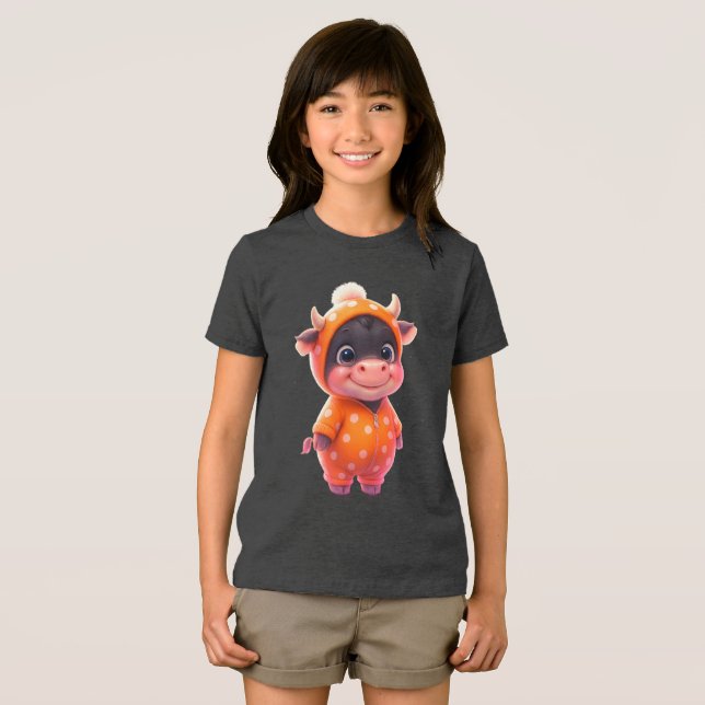 Camiseta Vaca Bebê Kawaii | Capuz Laranja Pastel F (Frente Completa)