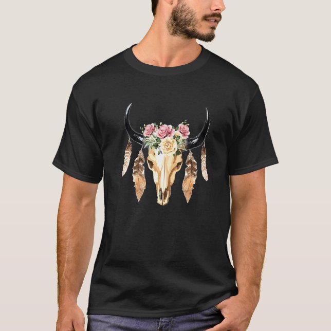 Camiseta Vaca Boho Caveira Flores Padrão Penas Fofo (Frente)