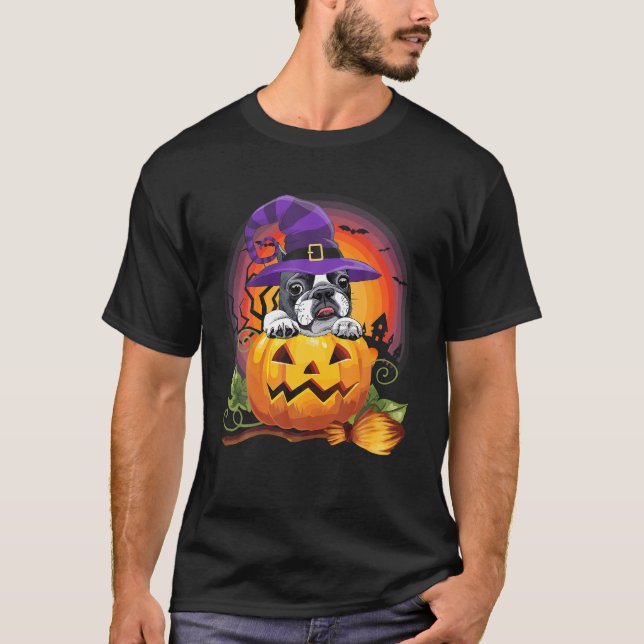 Camiseta Vaca-Bolsa Francesa Pumpkin Cachorro de Halloween (Frente)