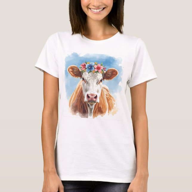 Camiseta Vaca bonito com Flores (Frente)