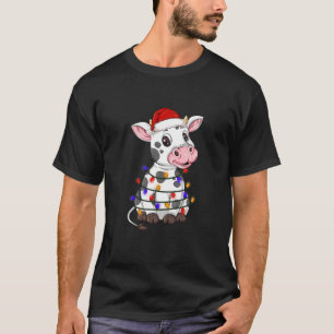 Camiseta Vaca Com A Árvore Santa Hat Luz Natal Claro