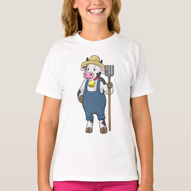 Camiseta Vaca como agricultor com Pitchfork (Frente)