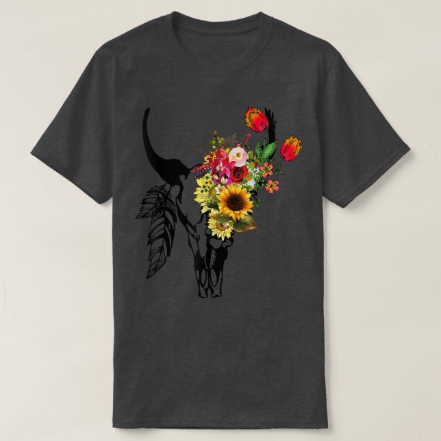 Camiseta Vaca, crânio de Boho, Rosa floreal Gráfico de gira (Frente do Design)