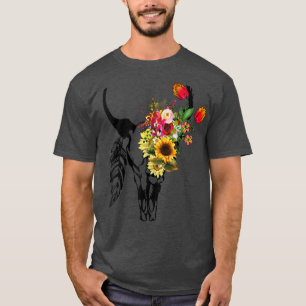 Camiseta Vaca, crânio de Boho, Rosa floreal Gráfico de gira