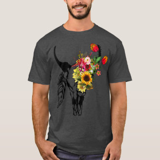 Camiseta Vaca, crânio de Boho, Rosa floreal Gráfico de gira