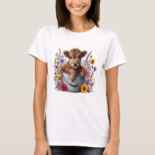 Camiseta Vaca das Terras Altas em Balde de Flores Png, Fofo