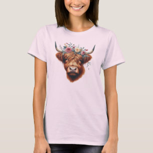Camiseta Vaca das Terras Altas fofa, floral/primavera