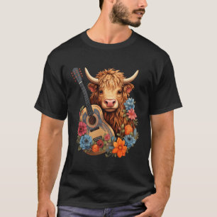 Camiseta Vaca De Cottagecore Highland Com Violão Acústico