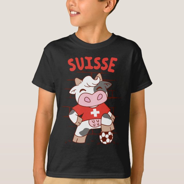 Camiseta Vaca de Futebol Suíço Fã de Futebol Bandeira da Su (Frente)