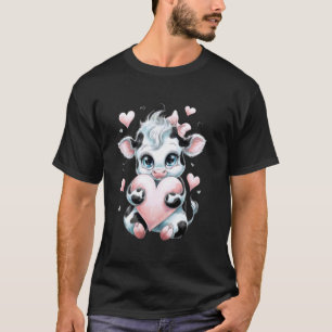 Camiseta Vaca de Laço Coquete Rosa Preto e Branco Segurando
