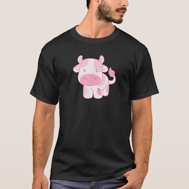 Camiseta Vaca de Morango Fofa Rosa Pastel (Frente)